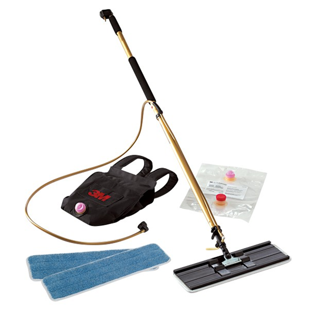A floor cleaning mop with a handle, two blue cleaning pads, a black backpack, and a plastic pouch with accessories. 3M™ Easy Shine Floor Finish Applicator Kit (1/Case)